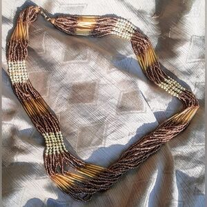 Vintage 18-Strand Layered Antiqued Gold Seed Bead, Gold Toned Tube Necklace
